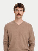 Men's Taupe Cashmere V-Neck Sweater  worn by model, detail view on white background