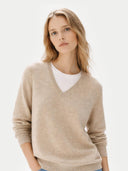 Women's Warm Grey V-Neck Sweater  worn by model, detail view on white background