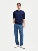 Men's Silk Cashmere Crew Neck T-Shirt worn by model, front view on white background #color_dark-indigo