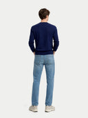 Men's Cashmere Silk C-Neck Sweater Mood Ingdigo worn by model, back view on white background