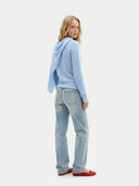 Women's Light Blue Cashmere Sweater with Draped Scarf worn by model, back view on white background