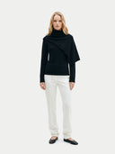 Women's Black Cashmere Sweater with Draped Scarf worn by model, front view on white background