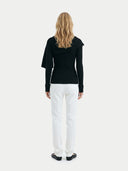 Women's Black Cashmere Sweater with Draped Scarf worn by model, back view on white background