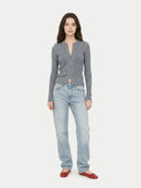 Women's Grey Cashmere Two-Way Zip Cardigan worn by model, front view on white background