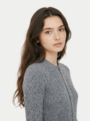 Women's Grey Cashmere Two-Way Zip Cardigan worn by model, detail view on white background