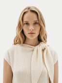 Women's White Cashmere Tie-Neck Dress worn by model, detail view on white background