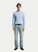 Men's Light Blue Cashmere Cable-Knit Sweater worn by model, front view on white background