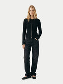 Women's Black Cashmere Two-Way Zip Cardigan worn by model, front view on white background