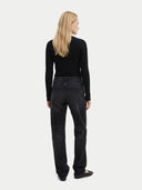 Women's Black Cashmere Two-Way Zip Cardigan worn by model, back view on white background