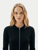 Women's Black Cashmere Two-Way Zip Cardigan worn by model, detail view on white background