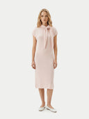 Women's Peach Blush Cashmere Tie-Neck Dress worn by model, front view on white background