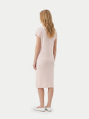 Women's Peach Blush Cashmere Tie-Neck Dress worn by model, back view on white background