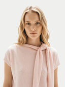 Women's Peach Blush Cashmere Tie-Neck Dress worn by model, detail view on white background