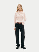 Women's Peach Blush Cashmere Sweater with Draped Scarf worn by model, front view on white background