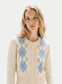 Women's White Cashmere Argyle Cardigan worn by model, detail view on white background
