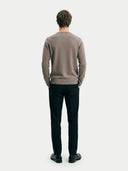 Men's Taupe Crewneck Cashmere Sweater worn by model, back view on white background
