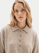 The Cashmere Polo-Collar Sweater in Natural Beige, shown worn.
