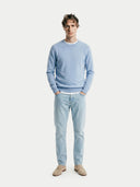 Men's Light Blue Crewneck Cashmere Sweater worn by model, front view on white background