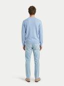 Men's Light Blue Crewneck Cashmere Sweater worn by model, back view on white background