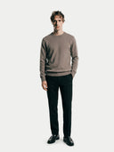 Men's Taupe Crewneck Cashmere Sweater worn by model, front view on white background
