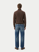Men's Cocoa Turtleneck Cashmere Sweater worn by model, back view on white background