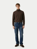 Men's Cocoa Turtleneck Cashmere Sweater worn by model, front view on white background