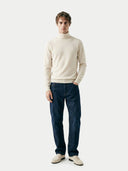 Men's Off-White Turtleneck Cashmere Sweater worn by model, front view on white background
