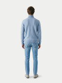 Men's Light Blue Turtleneck Cashmere Sweater worn by model, back view on white background