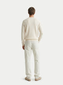 Men's White  V-Neck Cashmere Sweater  worn by model, back view on white background