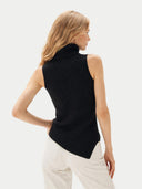 Women's Turtle Neck Cashmere Vest Black  worn by model, back view on white backround