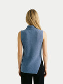 Women's Turtle Neck Cashmere Vest Blue  worn by model, back view on white backround
