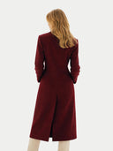 Women's Double-Breasted Long Coat Bordeaux  worn by model back view on white background