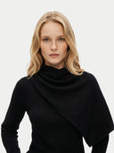 Women's Black Cashmere Sweater with Draped Scarf worn by model, detail view on white background
