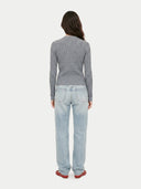 Women's Grey Cashmere Two-Way Zip Cardigan worn by model, back view on white background