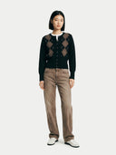 Women's Black Cashmere Argyle Cardigan worn by model, front view on white background