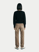 Women's Black Cashmere Argyle Cardigan worn by model, back view on white background