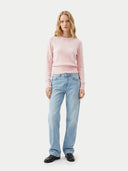 Women's Peach Blush Cashmere Cinched-Waist Sweater worn by model, front view on white background