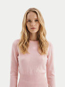 Women's Peach Blush Cashmere Cinched-Waist Sweater worn by model, detail view on white background