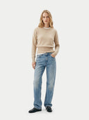 Women's Beige Cashmere Cinched-Waist Sweater worn by model, front view on white background