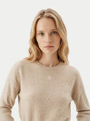 Women's Beige Cashmere Cinched-Waist Sweater worn by model, detail view on white background