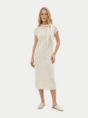 Women's White Cashmere Tie-Neck Dress worn by model, front view on white background