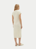 Women's White Cashmere Tie-Neck Dress worn by model, back view on white background