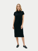 Women's Black Cashmere Tie-Neck Dress worn by model, front view on white background