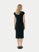 Women's Black Cashmere Tie-Neck Dress worn by model, back view on white background