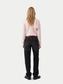 Women's Peach Blush Cashmere Sweater with Draped Scarf worn by model, back view on white background