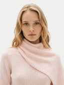 Women's Peach Blush Cashmere Sweater with Draped Scarf worn by model, detail view on white background