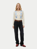 Women's White Cashmere Argyle Cardigan worn by model, front view on white background