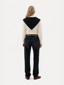 Black Cashmere Diamond Scarf worn by model, back view on white background