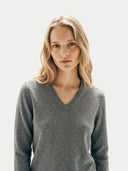 Timeless Cashmere V-Neck Sweater Dim Gray worn by model, detail view, on white background