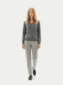 Timeless Cashmere V-Neck Sweater Dim Gray worn by model, front view, on white background